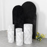 Set of 5 White Wave Mesh Cylinder Pedestal Stand Covers with Embroidered Sequins, Premium