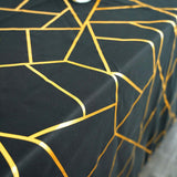 60"x102" Black Rectangle Polyester Tablecloth With Gold Foil Geometric Pattern