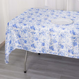 60"x102" White Blue Satin Rectangular Tablecloth in French Toile Floral Pattern, Wrinkle Resistant