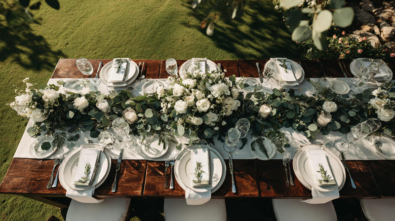 Low floral arrangement with greenery base