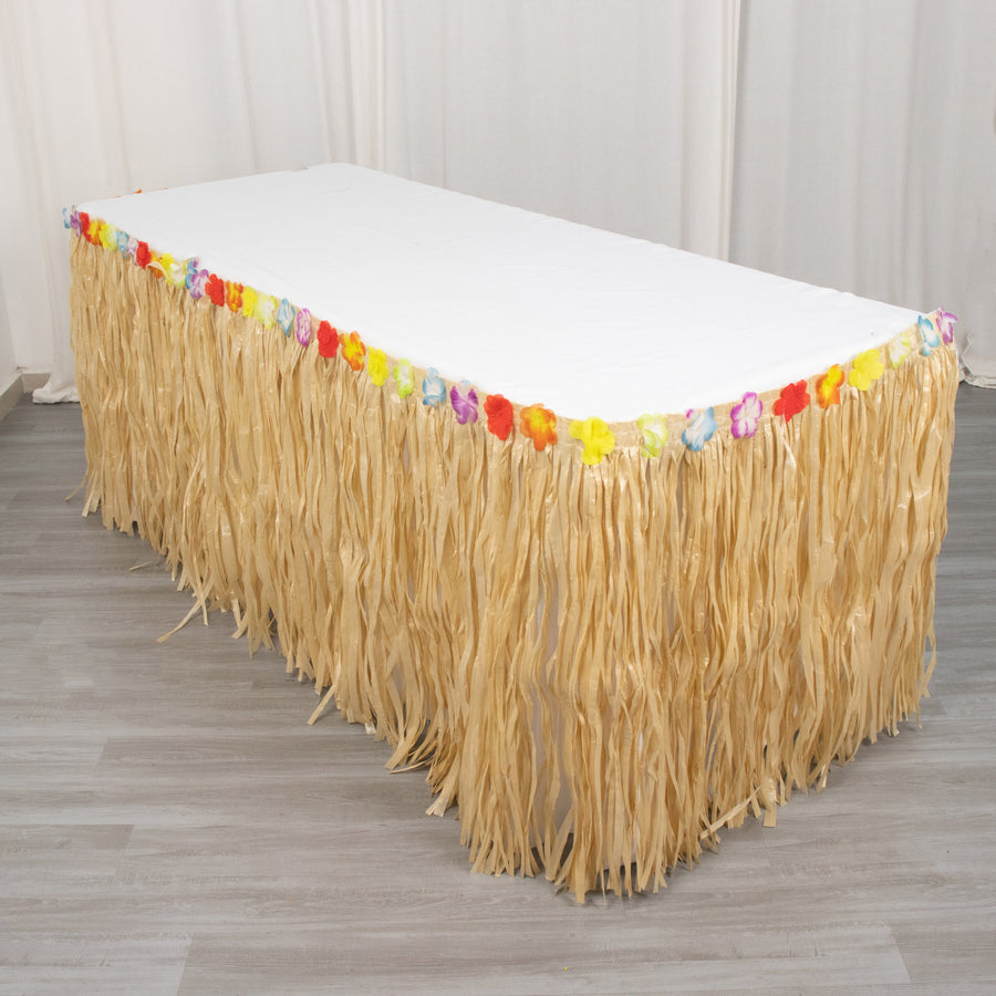 9FT Natural Raffia Table Skirt, Tropical Table Skirts for Hawaiian Decoration