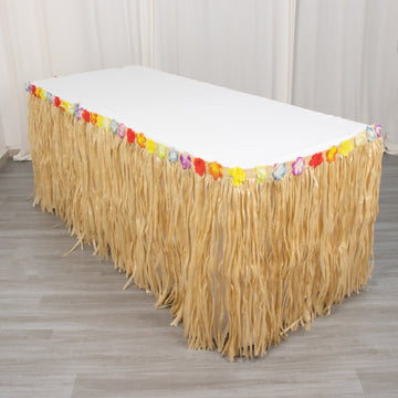 9ft Natural Raffia Grass Table Skirt, Luau Decorations for Hawaiian Themed Party
