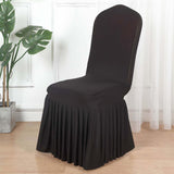 Black Ruffle Pleated Skirt Banquet Spandex Chair Slipcover, 1-Piece Stretch Fitted Chair Cover