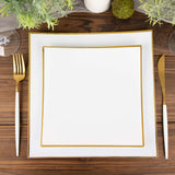 10 Pack | 8inch White / Gold Concave Modern Square Plastic Dessert Plates, Disposable Salad Plates