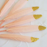 30 Pack | Glitter Gold Tip Blush Real Turkey Feathers | Craft Feathers for Party Decoration