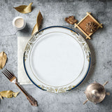 10 Pack | White With Royal Blue Rim 10inch Plastic Dinner Plates, Round With Gold Vine Design