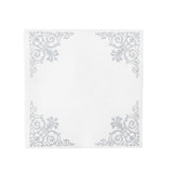 20 Pack White Linen-Feel Beverage Napkins with Silver Fleur Vintage Print