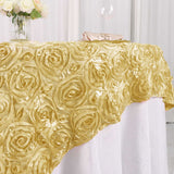 72x72inch Champagne 3D Rosette Satin Table Overlay, Square Tablecloth Topper