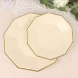 25 Pack | 7inch Beige Gold Foil Rim Geometric Appetizer Paper Plates, Decagon Dessert / Salad Plates