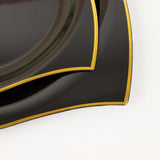 10 Pack | 8inch Black / Gold Wavy Rim Modern Square Plastic Dessert Plates, Disposable Salad Plates