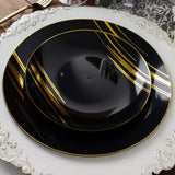 10 Pack | Black & Gold Brush Stroked 7inch Round Plastic Dessert Plates