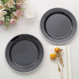 10-Pack Black Plastic Dessert Plates – 8inch Round with Silver Beaded Rim, Disposable for Parties