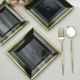 10 Pack | 7inch Gold Trim Black Square Plastic Salad Dessert Plates