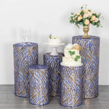 Set of 5 Royal Blue Wave Mesh Cylinder Pedestal Stand Covers with Embroidered Sequins, Premium