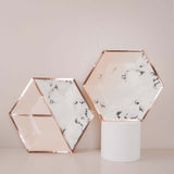 50 Pack | Blush/Rose Gold Marble 10/8inch Paper Plates, Disposable Hexagon Plates With Gold Foil Rim