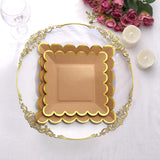 25 Pack | 7 Square Natural Brown Paper Salad Plates With Gold Scalloped Rim, Party Plates