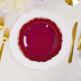 8inch Burgundy Plastic Dessert Salad Plates, Disposable Tableware Round With Gold Scalloped Rim