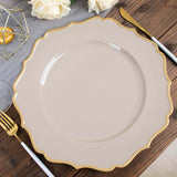 6 Pack | 13inch Taupe / Gold Scalloped Rim Acrylic Charger Plates, Round Plastic Charger Plates