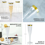 12 Pack | 6oz Clear / Gold Hollow Stem Plastic Champagne Flute Glasses, Disposable