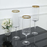 Set Of 3 | Clear Gold Rimmed Long Stem Glass Hurricane Candle Stands