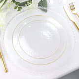 10 Pack | Clear Hammered 9inch Round Plastic Dinner Plates With Gold Rim