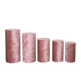 Set of 5 Dusty Rose Crushed Velvet Cylinder Pedestal Stand Covers, Premium Pillar Prop Covers