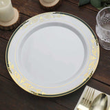 10 Pack | 10inch White With Hunter Emerald Green Rim Plastic Dinner Plates With Gold Vine Design