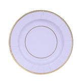 25-Pack Paper Round Dessert Plates in Lavender Lilac Sunray Design with Gold Rim#whtbkgd