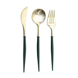 24 Pack | 8inch Metallic Gold With Hunter Emerald Green Silverware Set, Modern Plastic Utensil Set