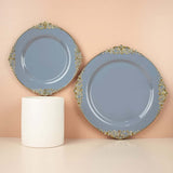 Dusty Blue Gold Leaf Embossed Baroque Plastic Dinner Plates, Disposable Vintage Round Dinner Plates