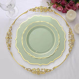 8inch Sage Green Plastic Dessert Salad Plates, Disposable Tableware Round With Gold Scalloped Rim