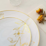 Set of 20 White Plastic Dinner Dessert Plates With Metallic Gold Floral Design, Disposable Round