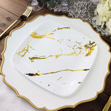 10 Pack | 8inch White / Gold Marble Square Plastic Salad Plates, Disposable Appetizer Party Plates