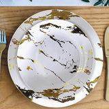 10-Pack Plastic 8" Round Dessert Plates in White with Gold Marble Print - Disposable Appetizer/Salad Plates for Chic Banquets & Special Occasions