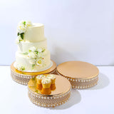 Set of 3 Pearl Beaded Gold Metal Cake Stands, Stackable Round Cupcake Dessert Display Holders