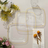 10 Pack | 7inch Clear with Gold Rim Square Plastic Salad Party Plates, Dessert Appetizer Plates