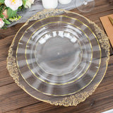 10 Pack | 11 Clear Disposable Dinner Plates With Gold Ruffled Rim, Round Plastic Party Plates