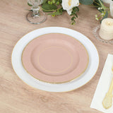 25-Pack Paper Round Dessert Plates in Dusty Rose Sunray Design with Gold Rim