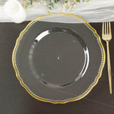 10 Pack | 10inch Clear / Gold Scalloped Rim Disposable Dinner Plates, Large Plastic Party Plates