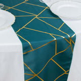 9ft Peacock Teal With Gold Foil Geometric Pattern Table Runner