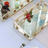 Set of 2 Gold Metal Decorative Vanity Serving Trays, Rose Bordered Rectangle Mirrored Trays