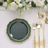 Hunter Emerald Green Plastic Dessert Salad Plates, Disposable Tableware Round Gold Scalloped Rim