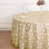 120inch Gold Sequin Leaf Embroidered Seamless Tulle Round Tablecloth, Sheer Table Overlay
