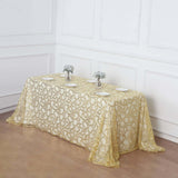 90x156inch Gold Sequin Leaf Embroidered Rectangular Tablecloth, Seamless Sheer Table Overlay