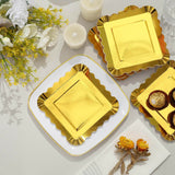 50 Pack | 5inch Gold Foil Scalloped Rim Appetizer Paper Plates, Disposable Square Dessert Plates