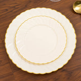 10 Pack 7.5" Ivory Gold Flair Rim Disposable Salad Plates, Round Plastic Dessert Appetizer Plates