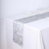 Silver Metallic Fringe Shag Tinsel Table Runner, Shimmery Polyester Table Runner