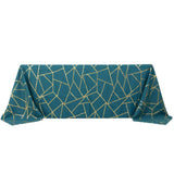 90x132inch Peacock Teal Rectangle Polyester Tablecloth With Gold Foil Geometric Pattern