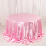 132inch Pink Seamless Satin Round Tablecloth for 6 Foot Table With Floor-Length Drop