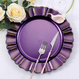 6 Pack | 13inch Round Purple Acrylic Plastic Charger Plates With Gold Brushed Wavy Scalloped Rim